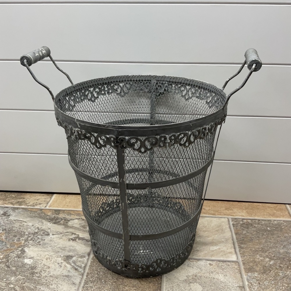 Vintage Gray Metal Wire Mesh Basket with Scroll Detail and Wood Handles